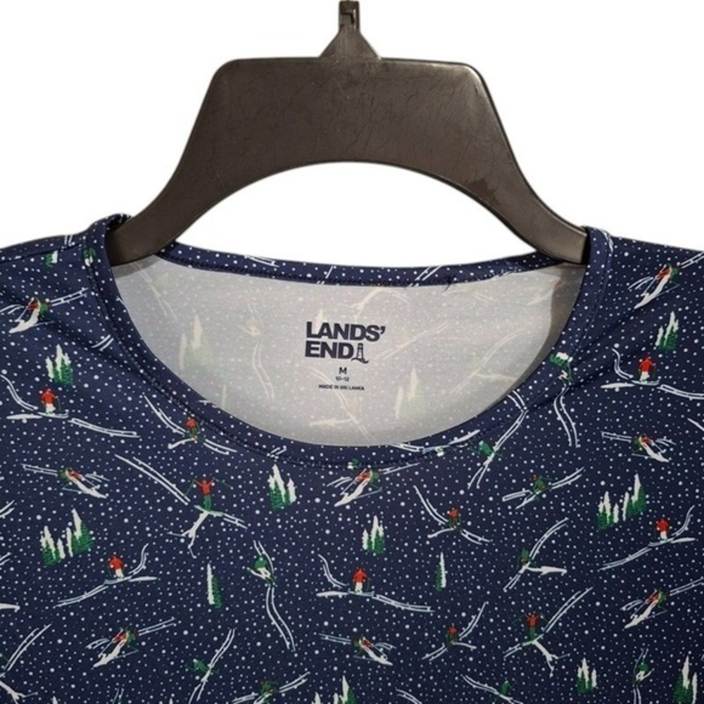 Lands End Womens Pullover Top M 10 12 Blue Multi Crew Neck Long Sleeve Ski Print - Picture 8 of 13
